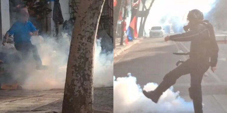 VIDEO/ Luftë me granatat e gazit lotsjellës, protestuesi dhe polici ia ngecin njëri-tjetrit